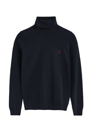 Czarny sweter z długim rękawem i golfem, z czerwonym haftowanym logo polo na piersi, ściągacze na mankietach, kołnierzu i u dołu.