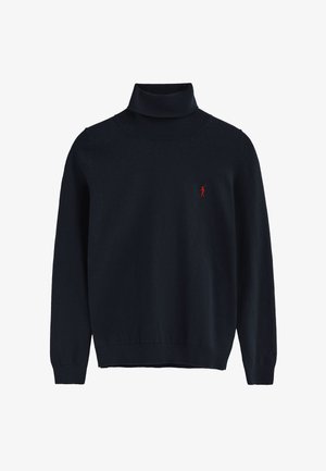 Pull en laine noir à manches longues avec col roulé, orné d'un logo de joueur de polo rouge brodé sur la poitrine, avec des poignets, un col et un ourlet côtelés.