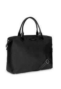 Borsa a mano in nylon nero con manici in pelle verniciata nera lucida. Chiusura con zip, tracolla rimovibile e dettaglio con logo impresso.