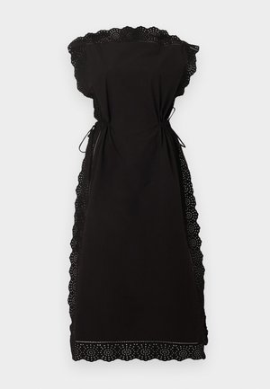 Robe midi noire avec bordure en dentelle ajourée festonnée sur les manches, les côtés et l'ourlet, dotée d'une taille cintrée avec des liens latéraux.