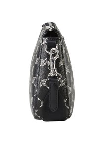 Borsa nera in pelle con texture, dotata di una cerniera in tonalità argento. Presenta un design a motivi con motivi floreali. Include una tracolla e dettagli in metallo.