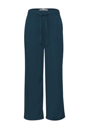 Dark teal wide-leg pants with elastic waistband and adjustable drawstring, made from lightweight fabric.