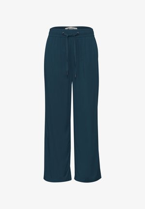 Dark teal wide-leg pants with elastic waistband and adjustable drawstring, made from lightweight fabric.