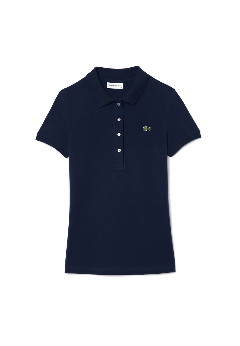Marineblauw poloshirt van katoen, met een klassieke kraag, korte mouwen en een vijfknopenpat. Klein groen geborduurd logo op de borst.
