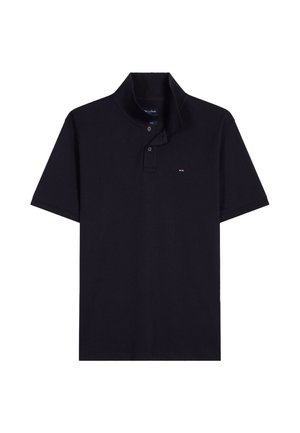 Polo noir à manches courtes avec patte de boutonnage à deux boutons et petit logo rouge et blanc sur la poitrine gauche.