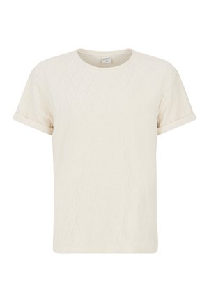 Lichtcrème kortek Mouw T-shirt met een textuurpatroon, ronde halslijn en opgerolde mouwen. Gemaakt van zachte stof met een ontspannen pasvorm.