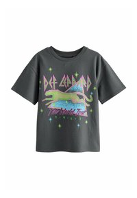 Graues Baumwoll-T-Shirt mit einem bunten Grafikdruck, der eine Hundesilhouette, Sterne und den Text "Def Leppard The World Tour 1987" zeigt.