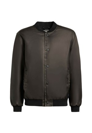 Sötétbarna bombázó dzseki patentos elejű, fekete bordázott gallérral, mandzsettákkal és szegéllyel, valamint oldalzsebekkel.