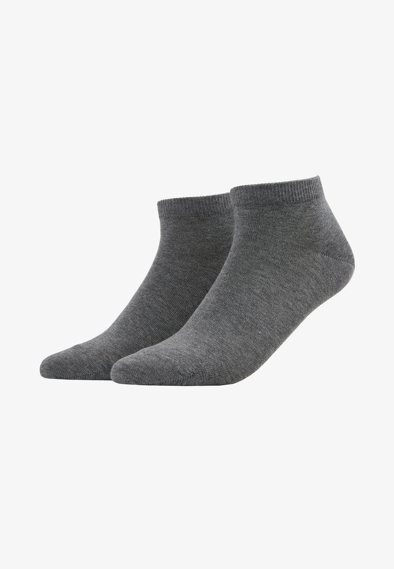 Grey ankle socks made of soft, stretchy fabric. They feature a ribbed cuff and a smooth texture, with a low-cut design for comfort.