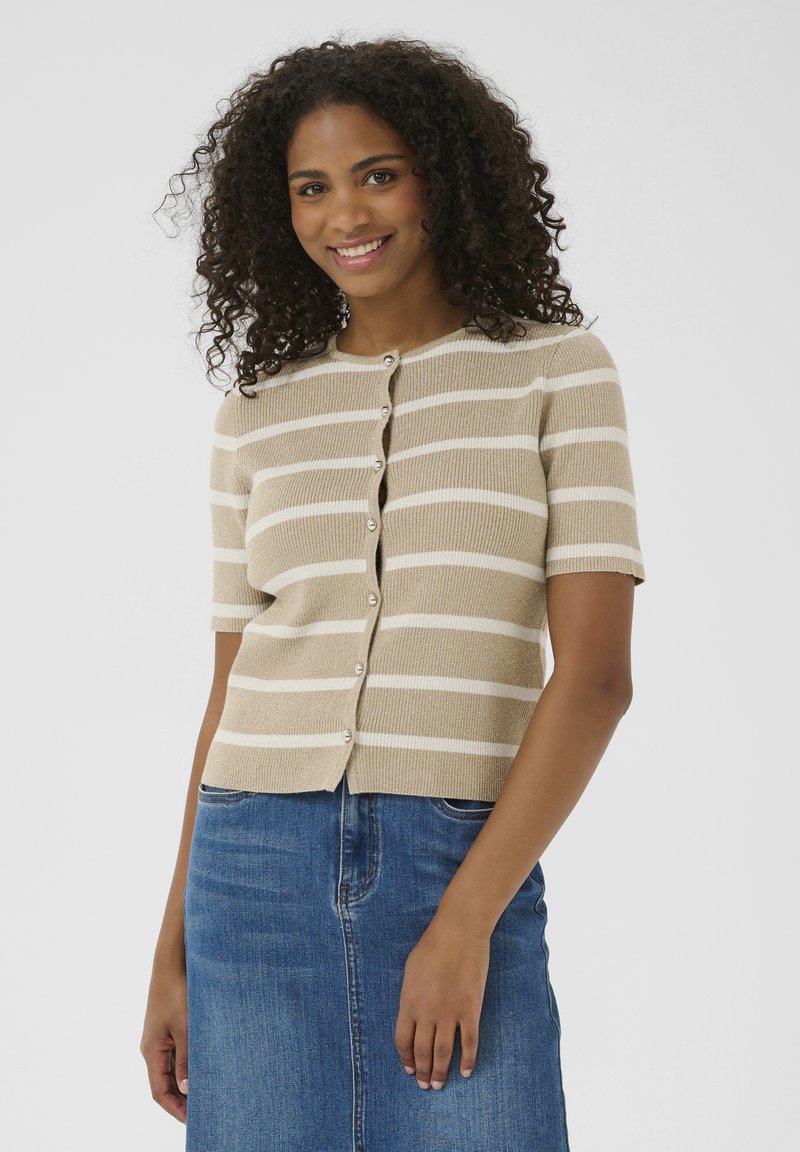 Beige short-sleeve cardigan with white horizontal stripes, ribbed texture, and round neckline. Features pearl-like buttons along the front.