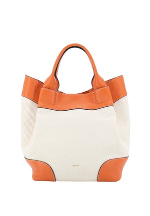 Cream fabric tote bag with textured orange leather handles, trim, and corner accents, featuring a small gold brand logo on the front.