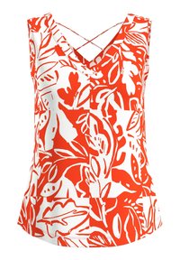 Haut sans manches avec imprimé floral et de feuilles audacieux en orange et blanc, présentant un décolleté en V et des fines bretelles croisées dans le dos.