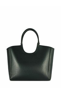 Czarna torebka tote z sztucznej skóry o eleganckim, zorganizowanym kształcie, z zaokrąglonymi podwójnymi uchwytami i gładką fakturą. Brak widocznych elementów metalowych czy ozdób.