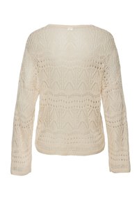Maglione leggero di colore crema con maniche lunghe. Presenta un motivo in pizzo geometrico e un colletto rotondo con chiusura a bottone sul retro.