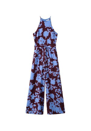 Mono sin mangas de escote halter, pernera ancha, base granate y gran estampado floral azul claro, lazo en la cintura.