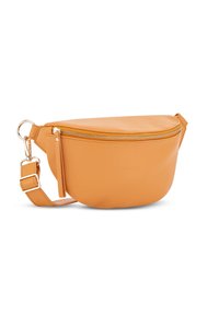 Piccola borsa in pelle arancione, tondeggiante, con zip superiore e tracolla regolabile. Gli accessori in metallo dorato aggiungono dettagli al design.