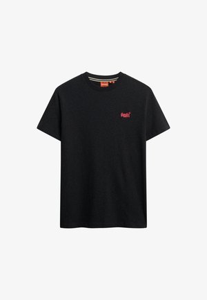 Czarny bawełniany t-shirt z okrągłym dekoltem. Posiada małe różowe logo na lewej piersi oraz krótkie rękawy. Gładka tekstura, luźny krój.