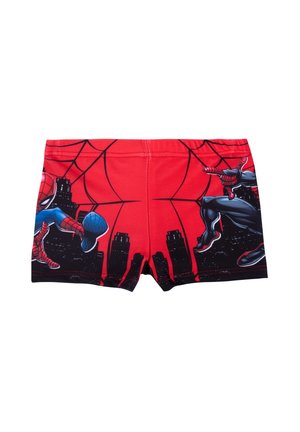 Boxer shorts rossi con grafiche di Spider-Man, dettagli neri e un design con skyline della città. Realizzati in tessuto morbido e elastico.
