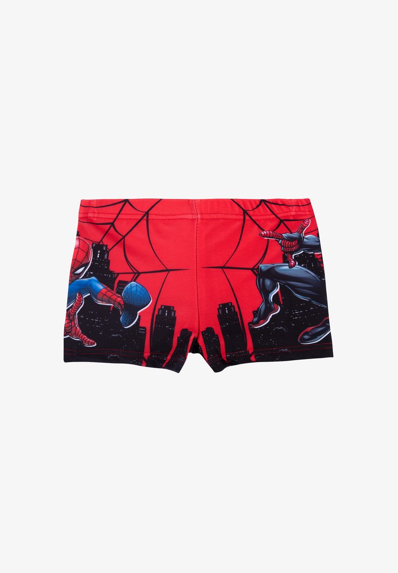 Red boxer shorts featuring Spider-Man graphics, black accents, and a city skyline design. Made from soft, stretchy fabric.