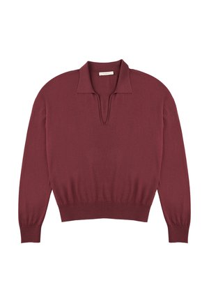 Bordeaux pullover trui met een platte kraag, geribbelde zoom en lange mouwen. Gemaakt van een zachte, gestructureerde brei-stof. Heeft een subtiele V-hals.