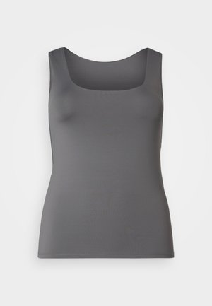 Sivý top bez rukávov so štvorcovým výstrihom. Vyrobený z hladkej látky, s priliehavým strihom a širokými ramienkami.