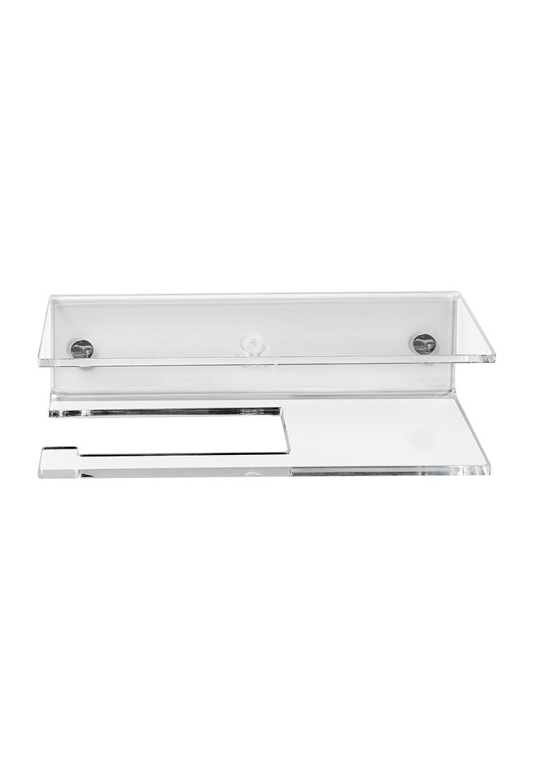 Un organisateur en acrylique transparent de forme rectangulaire, avec une base plate, des bords lisses et deux accents en métal argenté.