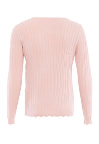 Geribbeld roze trui met lange mouwen, ronde hals, gegolfde zoom en een zachte textuur; ontworpen voor een aansluitende look.