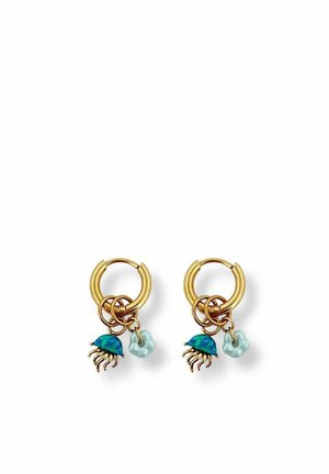 Gold hoop earrings with blue jellyfish and light blue flower charms hanging from each hoop on a white background.