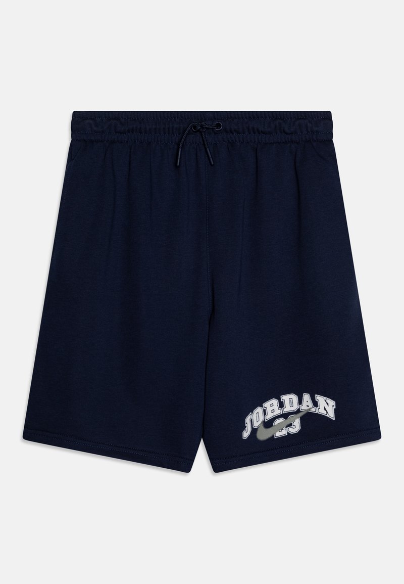 Navy blue cotton shorts with an elastic waistband and drawstring. Features a printed "Jordan" logo and swoosh in grey on the lower left.