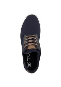 Marineblaue Canvas-Sneaker mit braunen Schnürsenkeln, Gummisohle und Lederakzenten im Schnürbereich. Enthält ein gedrucktes Logo im Inneren.