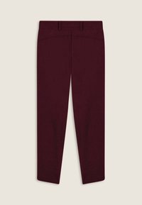 Pantalons bourgogne avec un design ajusté, forme à jambe droite et texture lisse. Comprend une taille et des poches arrière.