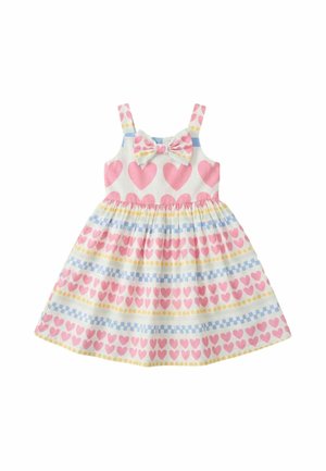 Robe sans manches pour tout-petit avec des motifs de cœurs roses, des rayures bleues et jaunes, et un nœud sur la poitrine.