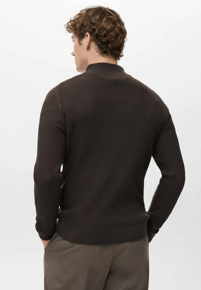 Brauner Rippenstrick-Pullover mit hohem Kragen, eng anliegenden Bündchen und Bund. Strukturierter Stoff, sichtbare Nähte am Rücken.