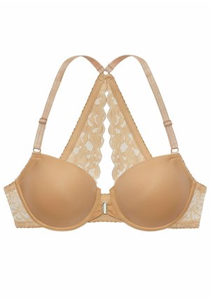 Beige voorgevormde beha met kantdetails, driehoekige vorm, verstelbare bandjes en haaksluiting. Zachte textuur met delicate golfranden.