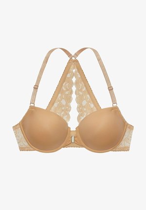 Sujetador acolchado beige con detalles de encaje, forma triangular, tirantes ajustables y cierre de gancho. Textura suave con delicados bordes en forma de ondas.