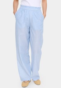 Light blue, wide-leg pants with a subtle striped pattern, featuring an elastic waistband and side pockets. Made of a soft, lightweight material.