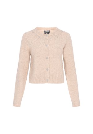 Beige cropped cardigan met lange mouwen, ronde halslijn, vooraan decoratieve knopen en kleine parelversieringen langs de bovenborst en schouders.