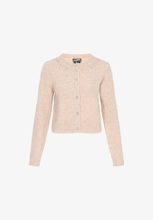 Cárdigan beige corto con mangas largas, escote redondo, botones decorativos en la parte delantera y pequeñas embellishments de cuentas a lo largo del pecho superior y los hombros.