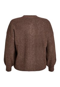 Brauner Strickpullover mit gerippter Textur, lockerer Passform und Ballonärmeln. Der Rücken hat einen runden Halsausschnitt und ein einfaches Design.