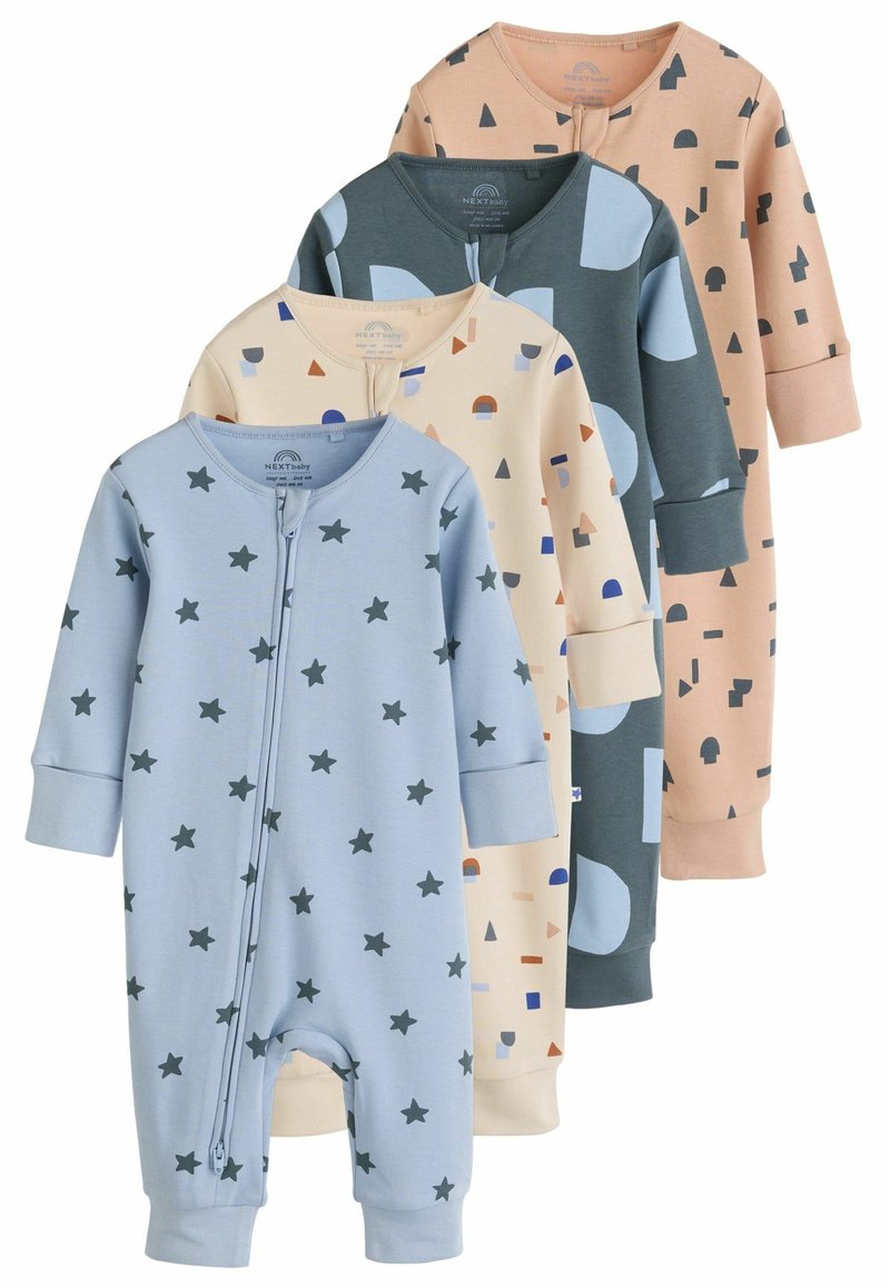 Fyra långärmade babybodys i olika färger: blå med stjärnor, ljusbeige med mönster, mörk teal med mönster och persiko med accenter.