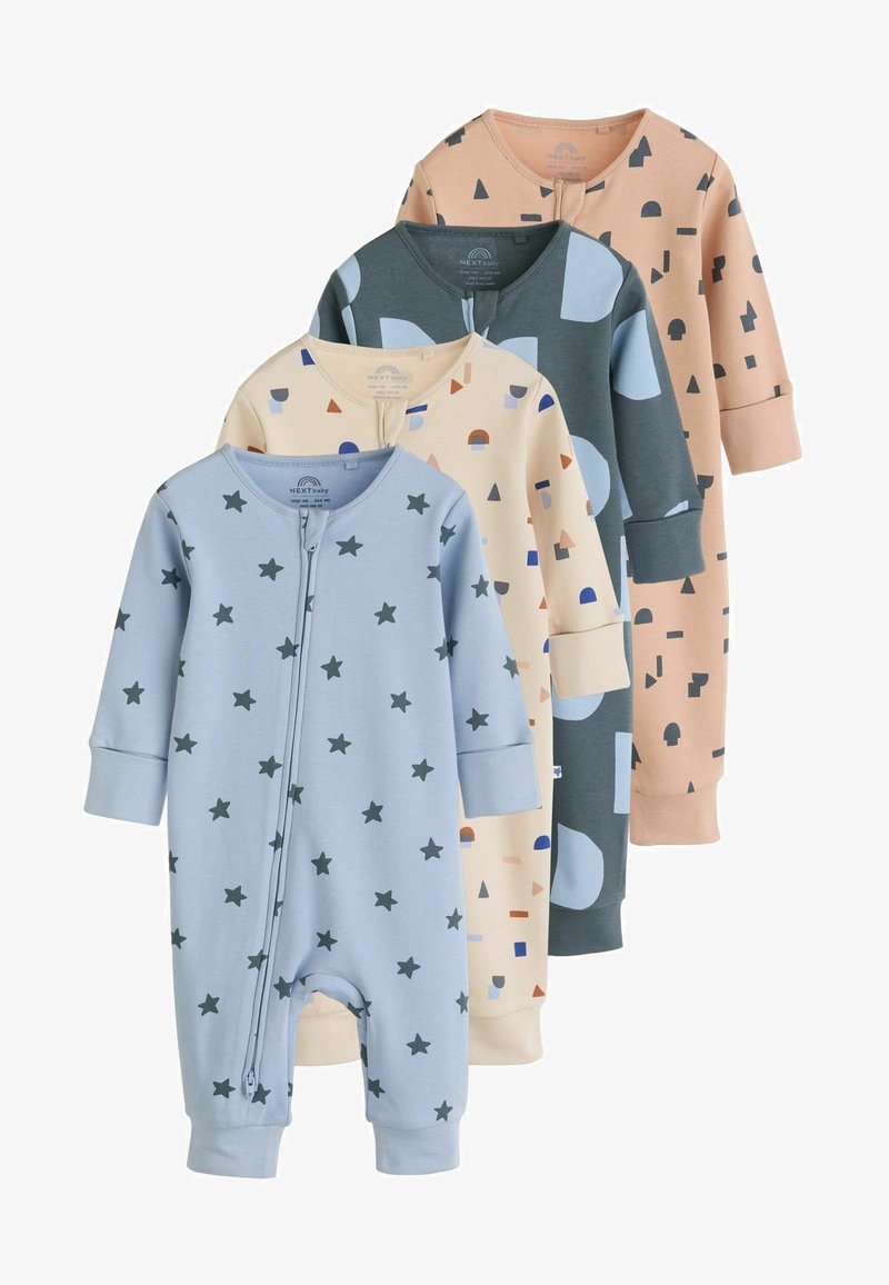 Fire langærmede babybodyer i forskellige farver: blå med stjerner, lys beige med figurer, mørk teal med mønstre og fersken med accenter.