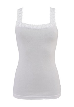 Biała damska koszulka na ramiączkach bez rękawów z koronkowymi ramiączkami i koronkowym wykończeniem wzdłuż kwadratowego dekoltu, dopasowany fason.