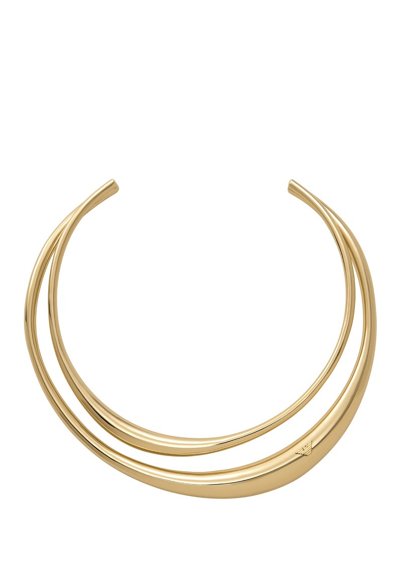 Gold metal collar necklace featuring two curved strands with a smooth, reflective surface and a small logo detail at the base.