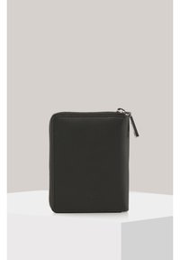 Black leather zip wallet with a smooth texture, rounded corners, and a subtle logo detail at the bottom. Silver zipper pull accent.
