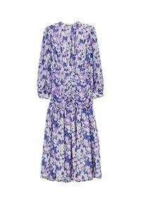 Langärmliges Kleid aus durchscheinendem Stoff mit lila floralem Muster, gerafften Details an der Taille und einem fließenden Rock.