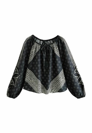 Schwarze Bluse mit lockerer Passform, langen Ballonärmeln, einer Kordelzug-Ausschnitt und weißen geometrischen sowie floralen Mustern. Weicher Stoff mit leichtem Glanz.