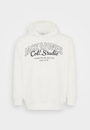 Bílá mikina s kapucí vyrobená z měkké látky, s předním grafickým designem v černém písmu. Má stahovací kapuci a žebrované manžety.