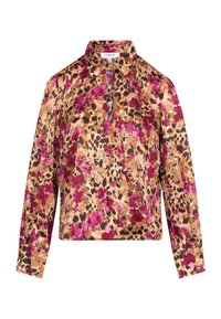 Chemise à manches longues avec un design à motifs floraux et léopard. Présente des couleurs vives de rose, or et brun sur un tissu soyeux. Col classique.