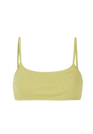 Žltý rebrovaný bikiny top s tenkými popruhmi a okrúhlym výstrihom. Má hladkú textúru a nenápadné logo značky.