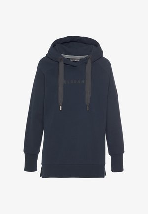 Marineblaue Kapuzenjacke aus weichem Stoff, mit Kapuze mit Kordelzug, Logo in der Mitte und gerippten Bündchen mit seitlichen Schlitzen für mehr Bewegungsfreiheit.